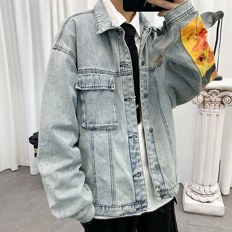 

Autumn and winter 2021 denim jacket men's retro Hong Kong style loose hip-hop Korean jacket wild trend boys tooling jacket