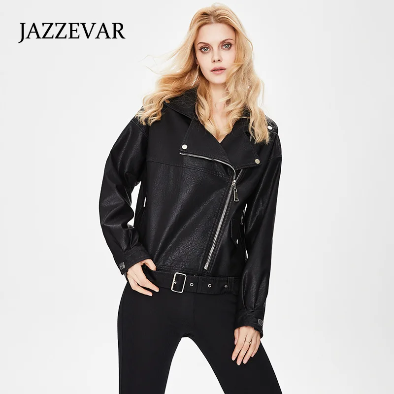 JAZZEVAR Motorcycle Women's Spring 2023 New Loose and Versatile PU Small Short Leather Jacket