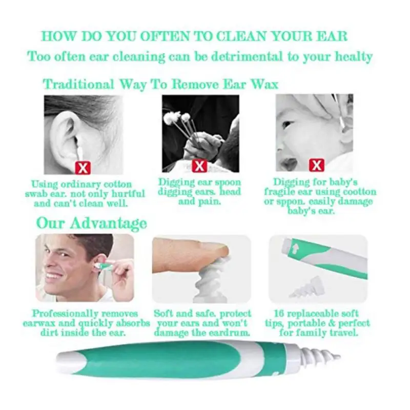 Ear Cleaner Easy Wax Cleaning Tools Spiral Earwax Remover with 16pcs Replacement Tips Earpick Health Hearing Aid | Дом и сад