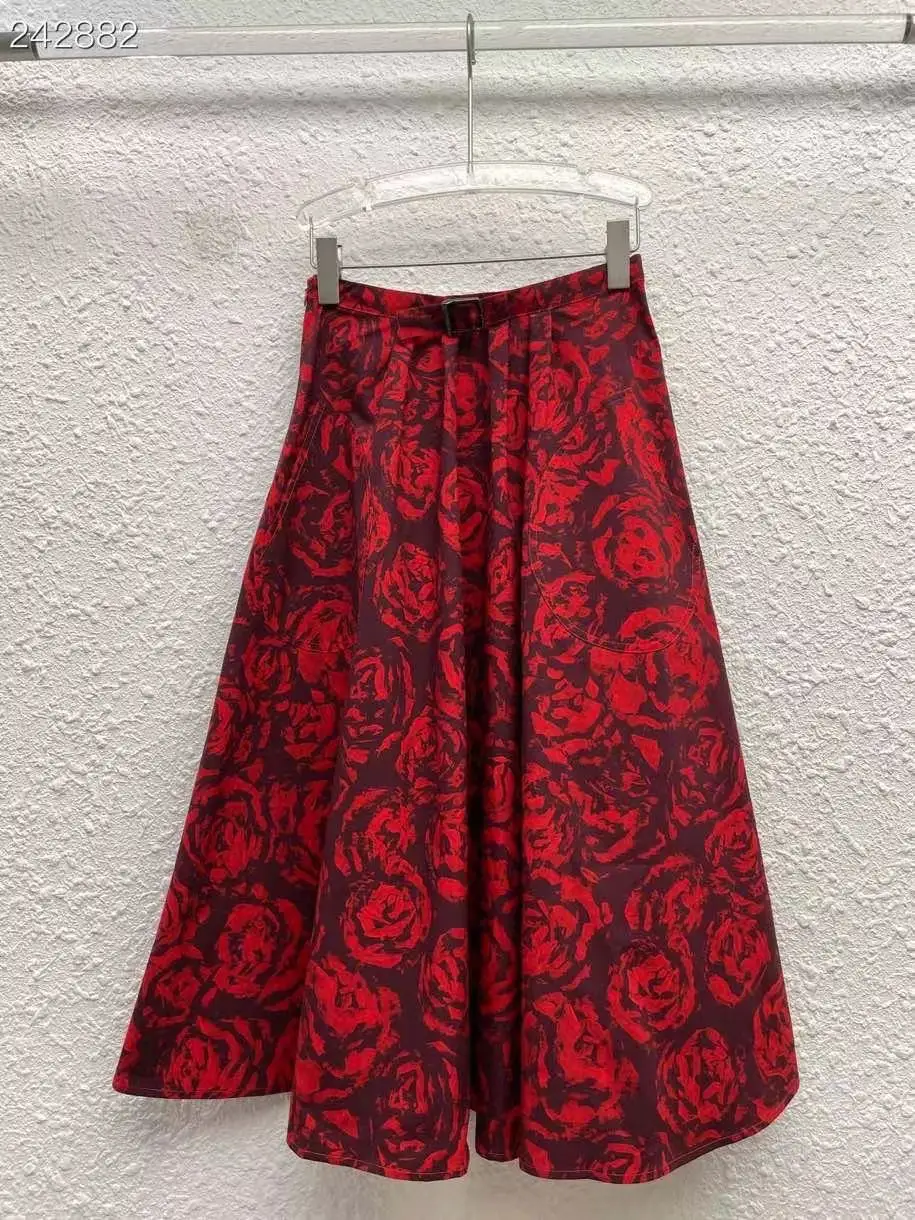 

Fyion 2021 Runway Designer Winter Fashion Midi Skirt Women High Waist Vintage Rose Flower Print Elegant Cotton Skirts