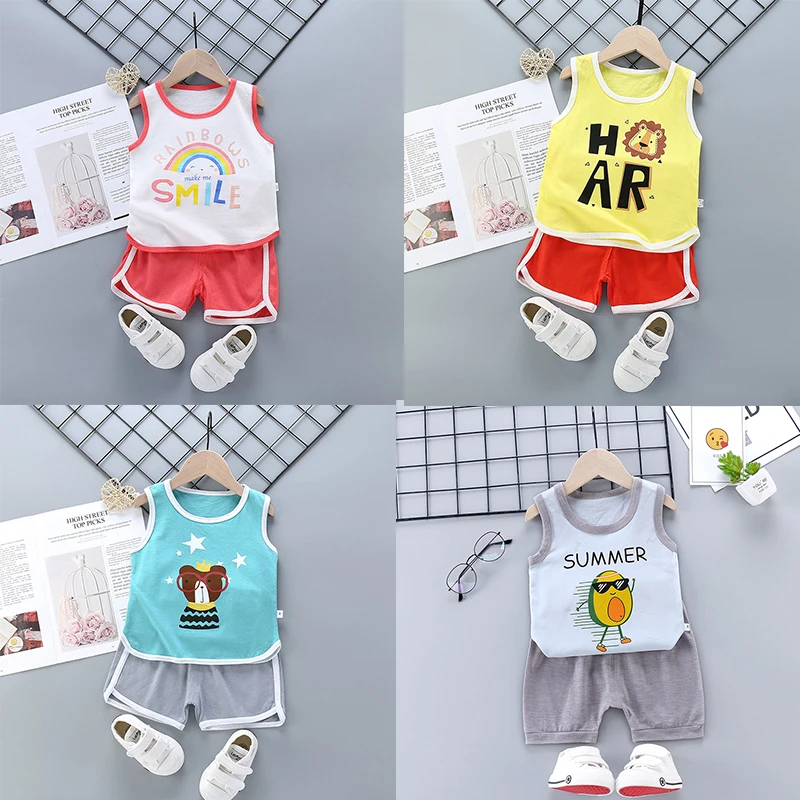 

Summer Girls Clothes Baby Boys Shorts Sleeveless Tops Vest Pant Cartoon 2 Piece Set For Kids Outfits Children Clothing 1 2 3 4Y