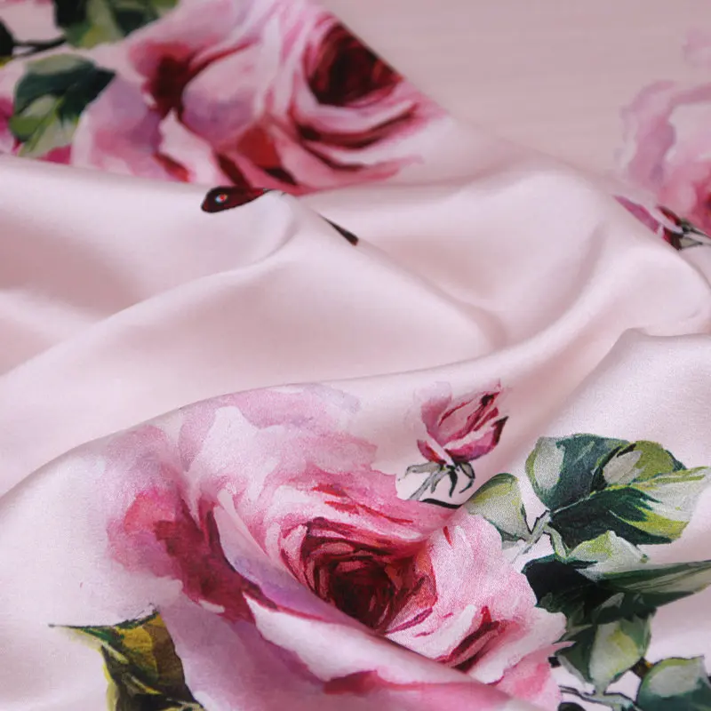 

120cm width silk stretch satin fabric pink rose print nature silk satin DIY clothing 100% Mulberry silk fabric for women dress