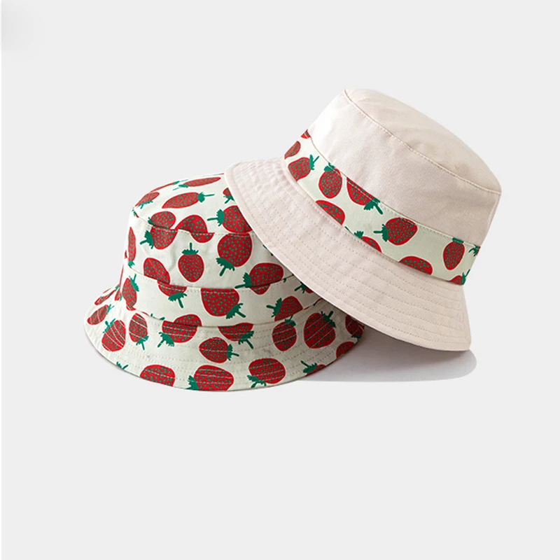 

Children's Summer Strawberry Printing Fisherman Hats Wide Brim Sun Protection Hat Outdoors Bucket Hat Foldable Breathable Caps