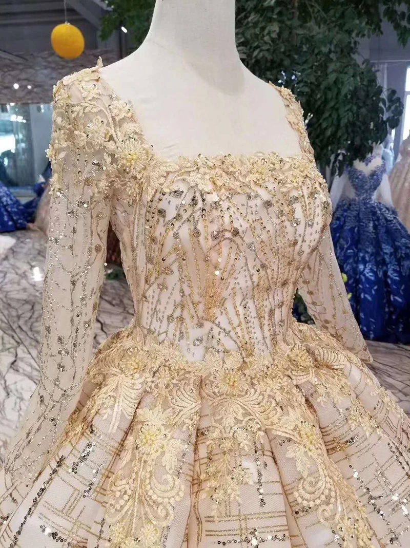 

BGW 22714ht Floor Length Evening Dress Ball Gown Square Collar Long Sleeves Champagne Prom Dresses Curve Shape Ladies Dress 2020