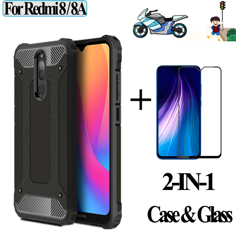 2 в 1 для телефона повышенной Стекло + чехол xiaomi redmi 8a 8 противоударный жесткий PC