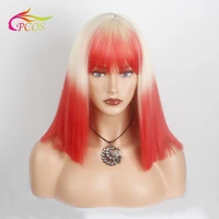 short blonde ombre red straight wig with bangs cosplay wigs for white women heat resistant hair wigs