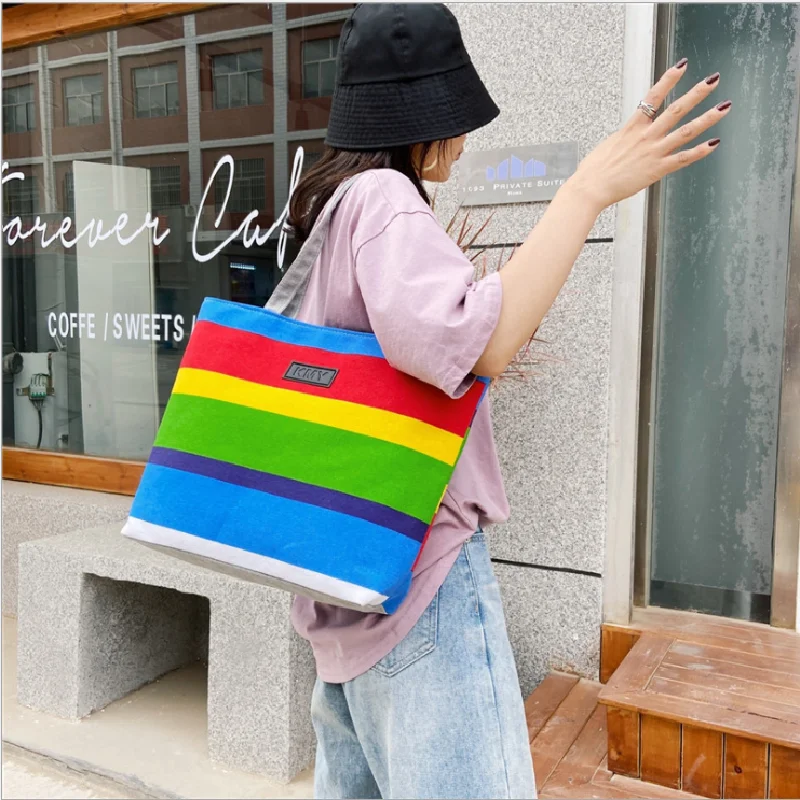 

Summer Women Canvas Large-capacity Tote Bag New Multicolor Striped Pattern Label Handbag Shoulder Bucket Bags Сумка Женская