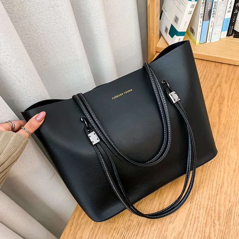 

Solid Color 2 Pcs/set Big PU Leather Handbag for Women Designer Large Capacity Tote Bags Lady 2021 Winter Shoulder Shopping Bag