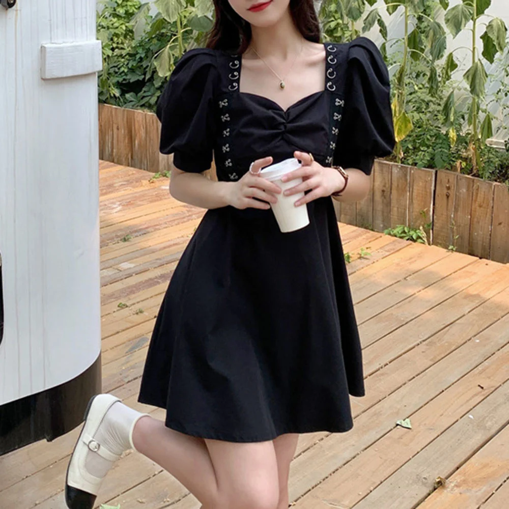 

Dress Women's Summer New 2021 Fashion Solid Color Square Collar High Waist Puff Sleeve Folds High Street Casual Simplicity