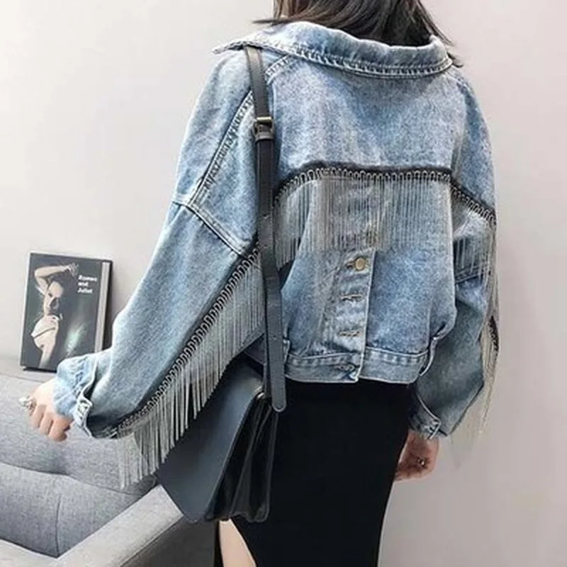 

Women Premium Tassels Casual Denim Jean Button Up Cotton Jacket