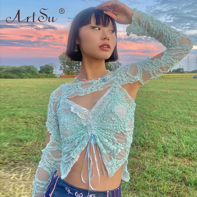 

ArtSu 2000s Aesthetics Drawstring Lace T-Shirts Y2K Kawaii Backless See Through Long Sleeve Butterfly Sexy Crop Top Matching Set