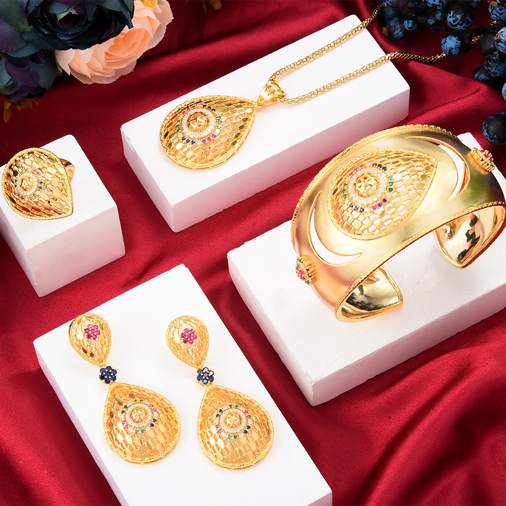 

GODKI New Charms 4PCS Bracelet Ring Necklace Earring Set For Women Wedding Bridal Zircon African/Indian/Dubai Bridal Jewelry Set