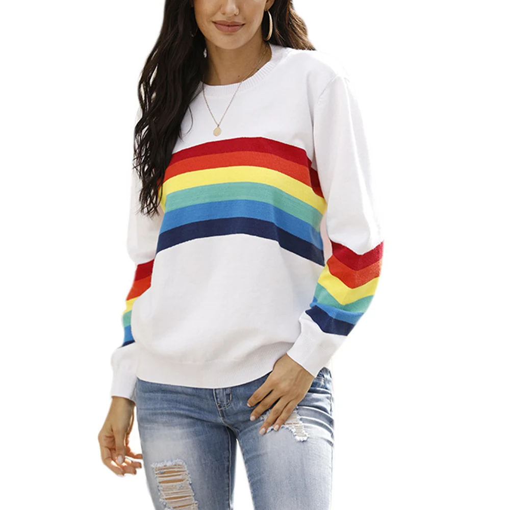 

Rainbow Striped Patchowrk Pullover Sweater Tops 2021 Women's Long Sleeve Round Neck Knitted Sweaters 2021