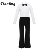 kids boys long sleeves lapel bowtie romper shirt leotard with pants trousers outfit stage performance jazz latin dance costume