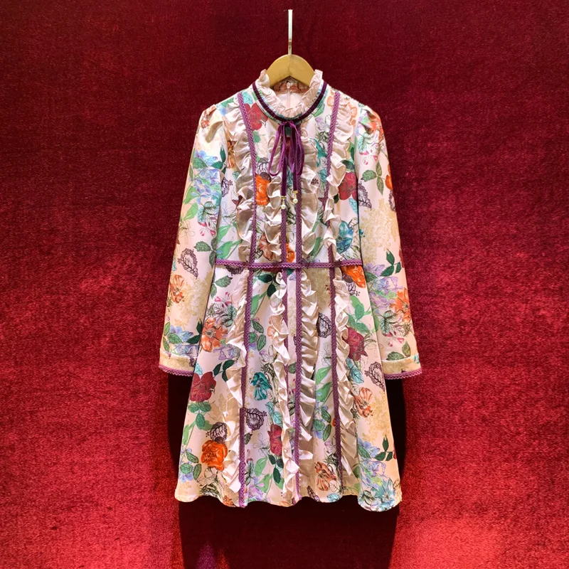 

New style of vintage printing heavy industry lotus leaf stitching long sleeved slim dress
