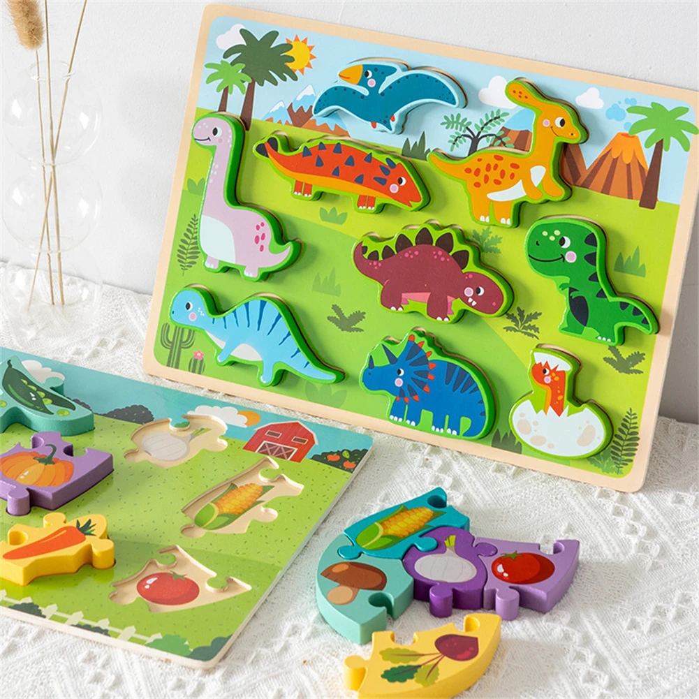 

Early Childhood Education Cognitive Puzzles for Infants Wooden Dinosaur Vegetable Shape Hand Grip Matching Panel Educational Toy