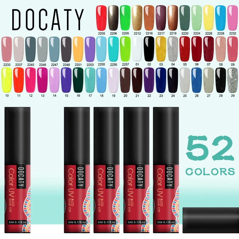 УФ гель для ногтей Docaty 52 Цвета полуперманентный 5 мл однотонный клей отмачиваемый
