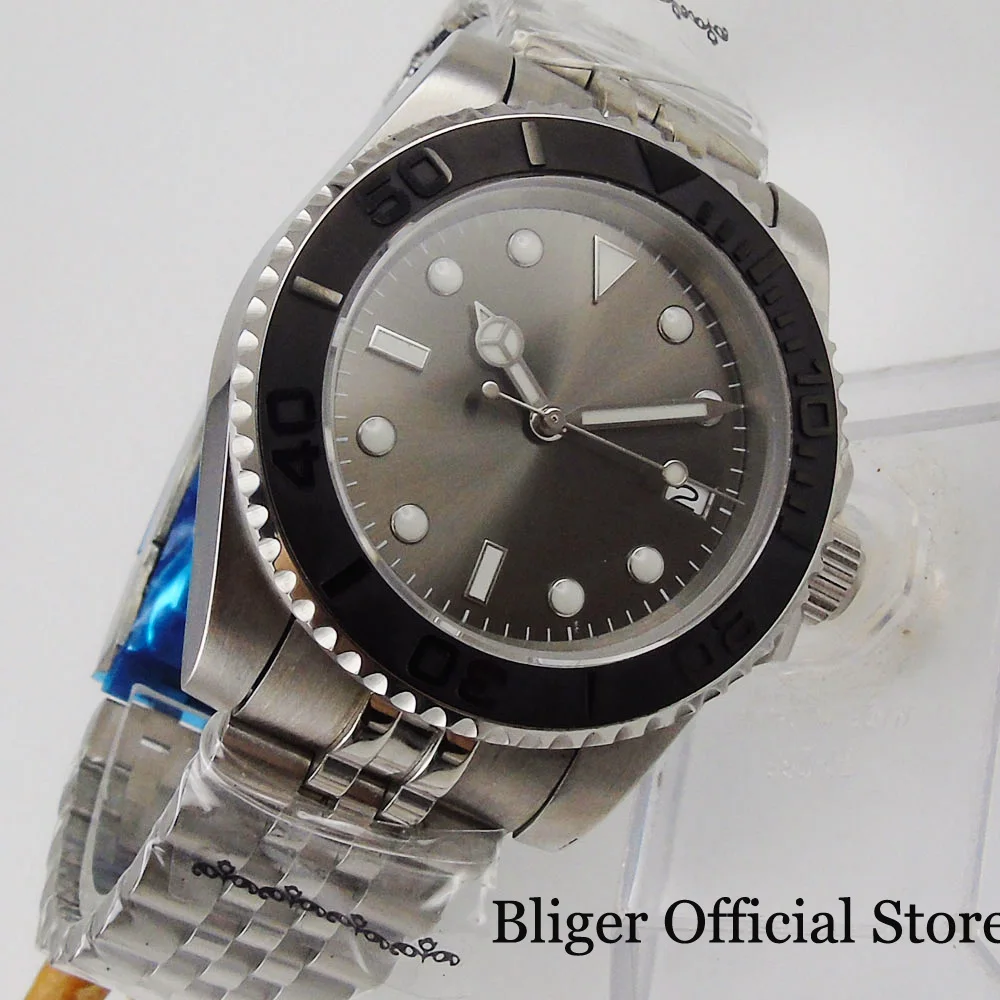 Механические мужские часы марки BLIGER NH35A MIYOTA 8215 PT5000 черный стерильный серый