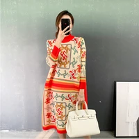 plus size mothers dress fallwinter 2021 new half turtleneck long sleeved printed loose stretch miyake pleated womens clothing