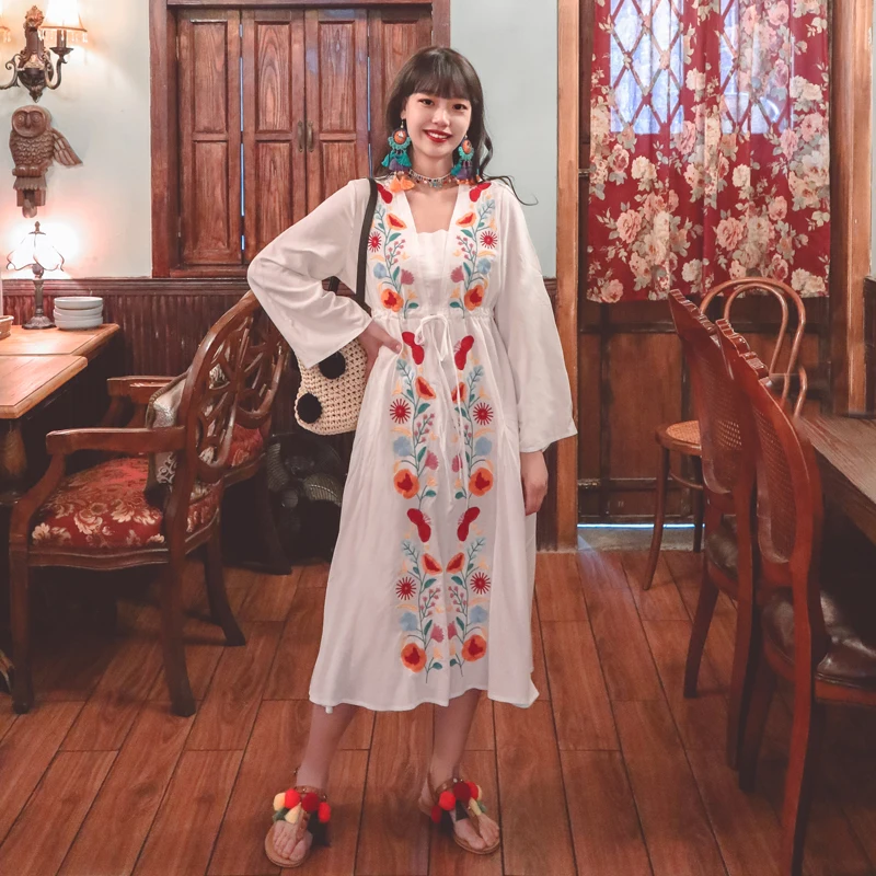 

2021 Fashion Designer Runway Party Midi Dress Women's Heavy Embroider Elegant Holiday Puff-Seleeve Dress Girl Large Size Robe