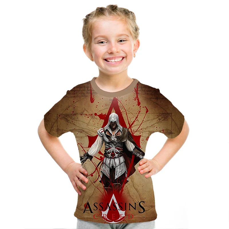 Летние детские футболки топы с 3d принтом assassins creed, повседневные Мальчики Девочки футболки, костюм Харадзюку хип-хоп Уличная одежда, футболки с аниме