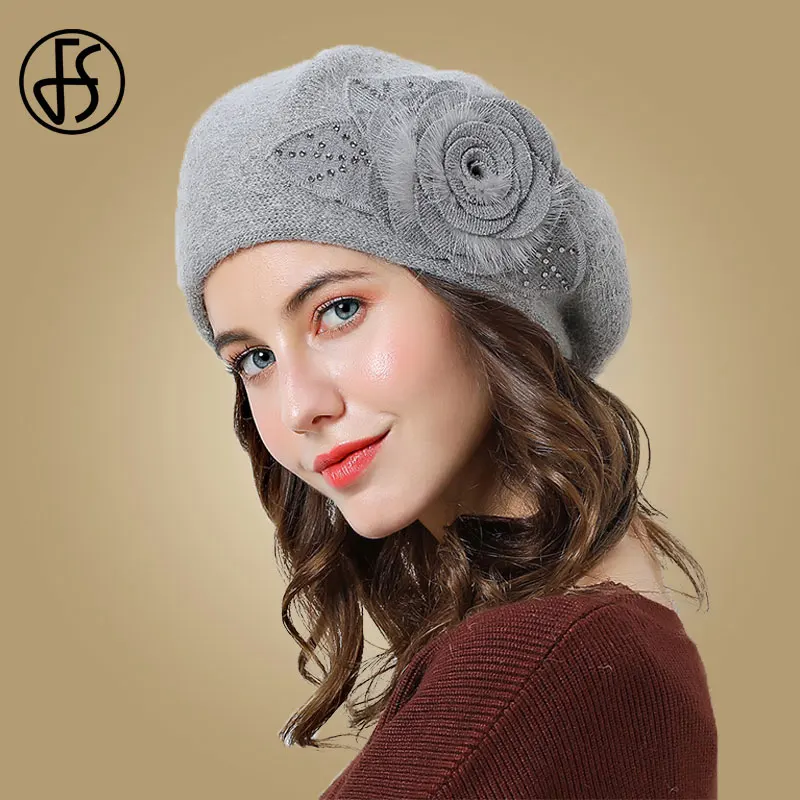 Женская Вязаная Шапка-бини FS двухслойная Теплая из кроличьего меха с крупными