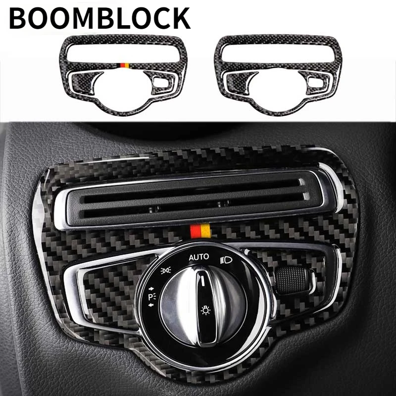 

BOOMBLOCK Car Headlight Switch Frame Cover Styling Carbon Fiber Sticker Accessories For Mercedes New C Class W205 C180 C200 GLC