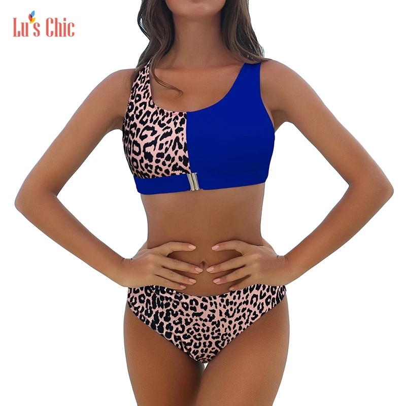

Lu's Chic Two Pieces Printed Swimsuit Leopard Color Block Bikini Bathing Suit Padded Push Up Tank Top Scoop Neck Women Swimwear