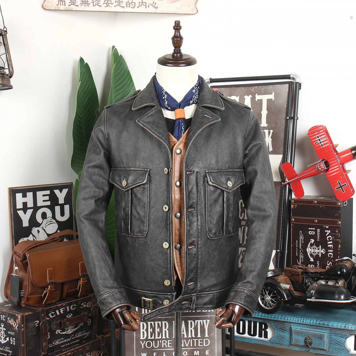 

Washed stone mill used first layer cow leather coat men's autumn and winter leather coat personalized leather jacket