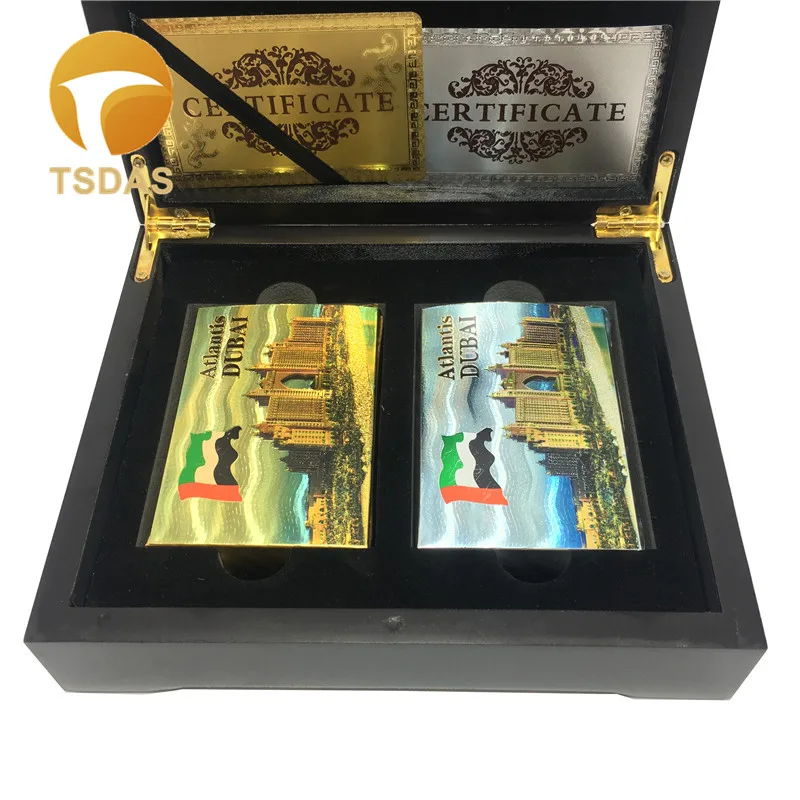 

Luxury Golden /Silver Dubai Gold Playing Cards With Black Wooden Box and Golden English Certificate, 24k Poker Cards Gold Gift