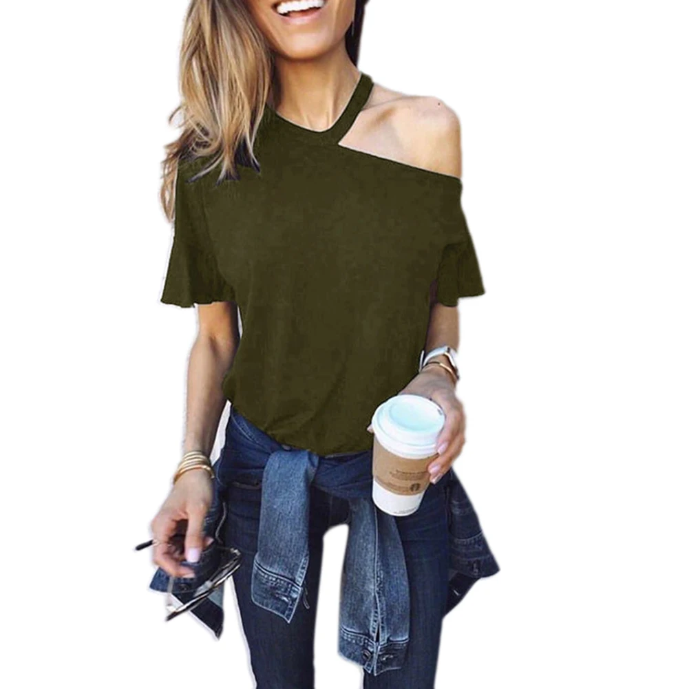 Сексуальная Женская футболка с одним плечом однотонные свободные летние