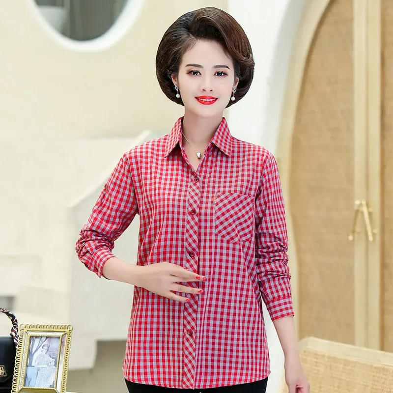 

Autumn Plaid Cotton Shirt Women Multicolor Checked Pattern Tops For Middle Aged Woman Causal Clothes Shirts Mother New