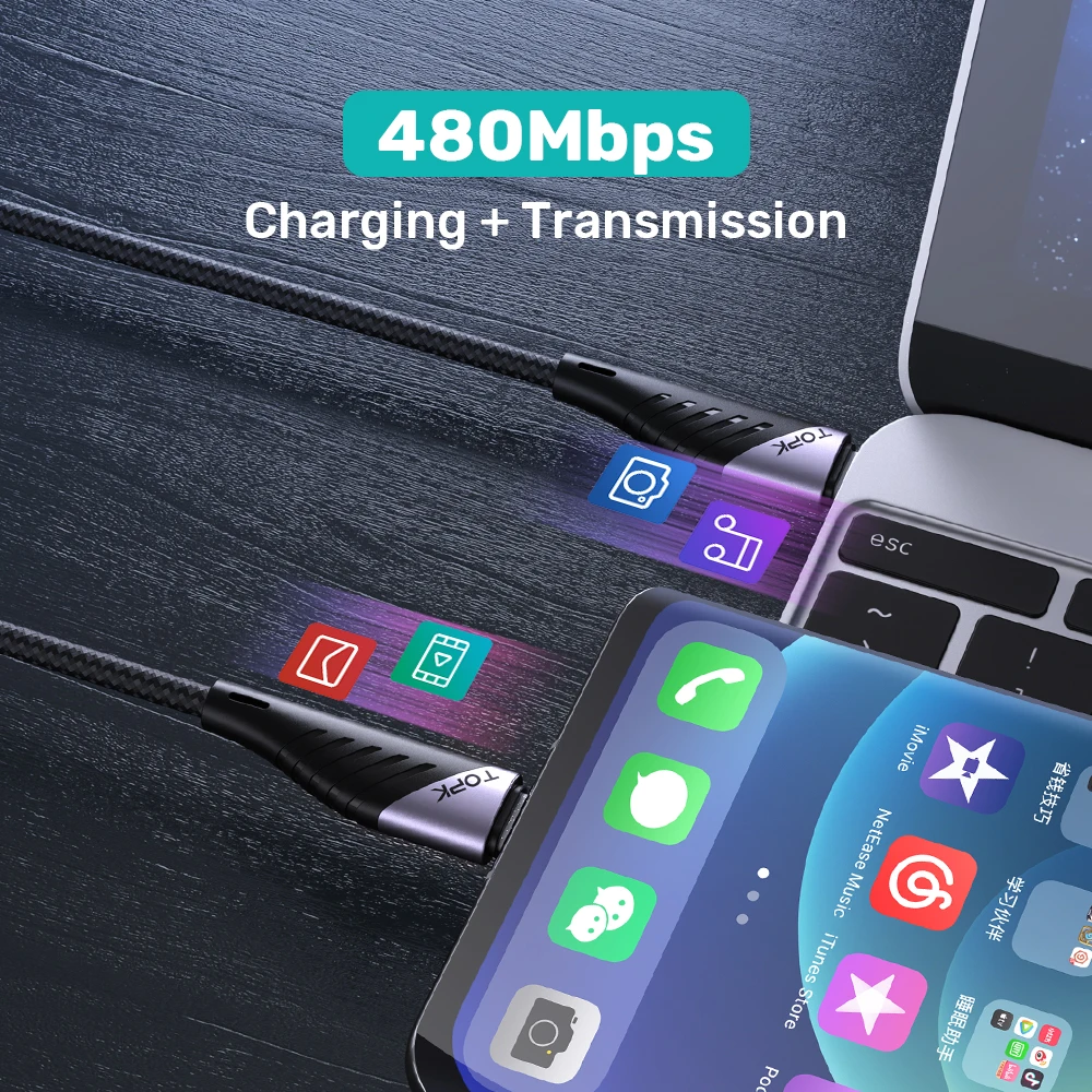 Кабель TOPK AP74 USB C к Type кабель для быстрой зарядки PD 65 Вт MacBook Pro iPad Quick Charge 4 0 USBC Type-C