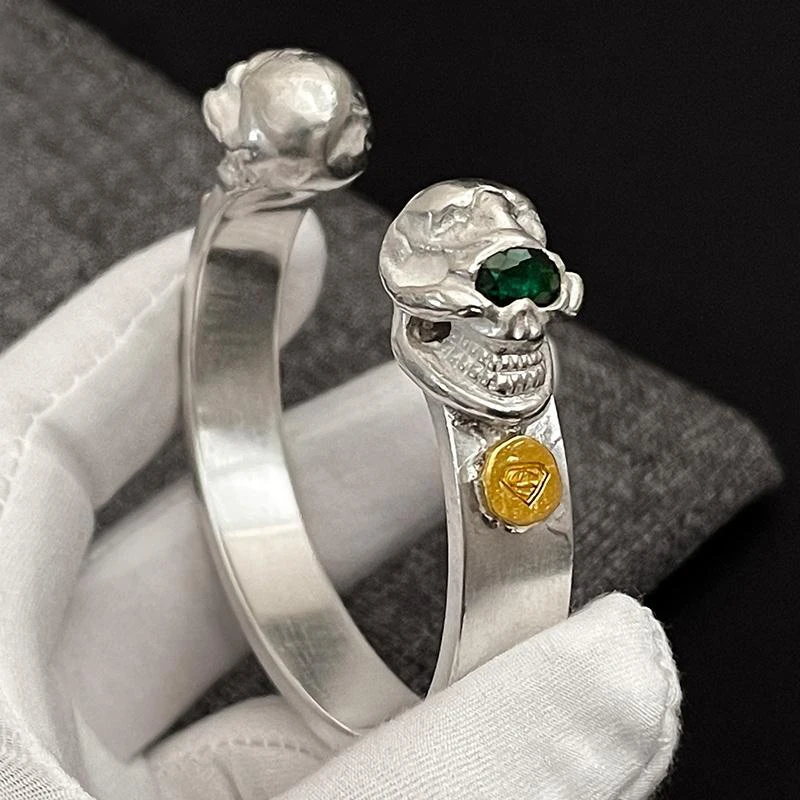 

New design retro bracelet double head gold one-eyed patostone emerald eye skull bracelet jewelry accessories