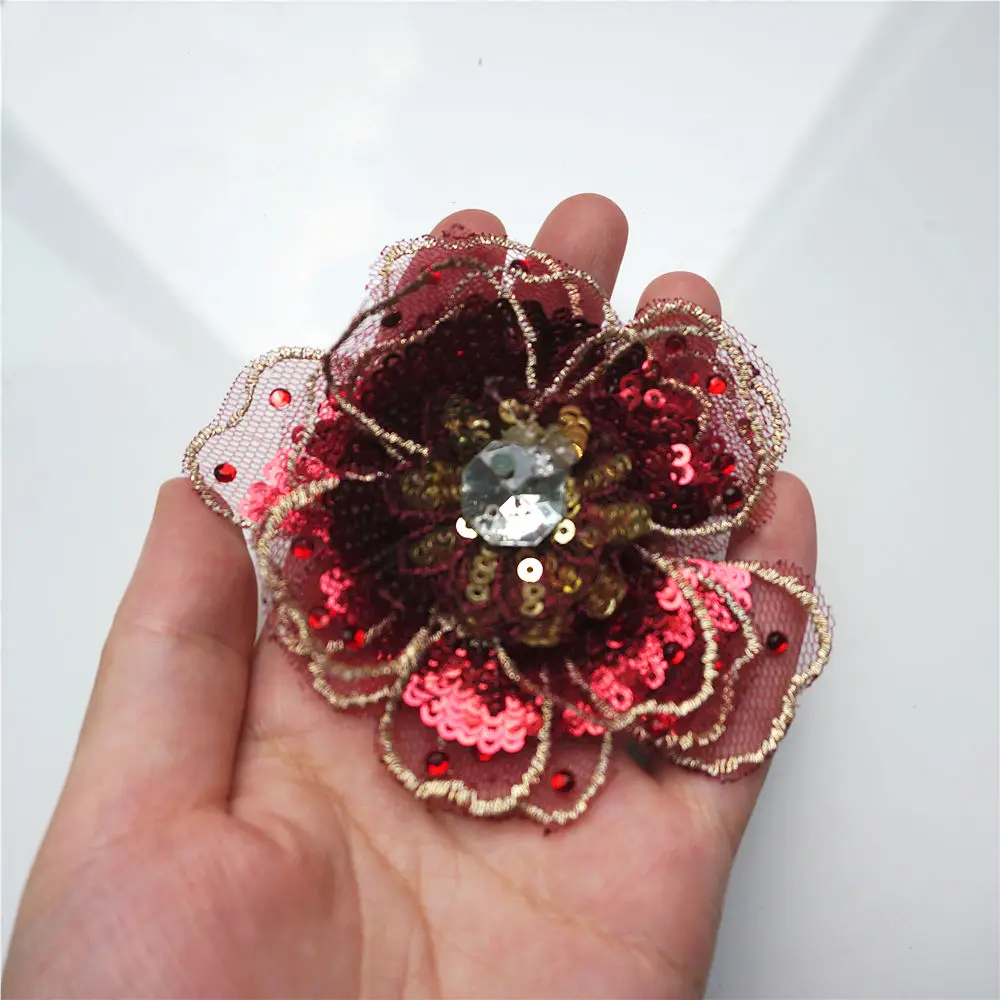 8 см винно-красные блестки вышитые 3D Цветочные головки Пришивные сетчатые