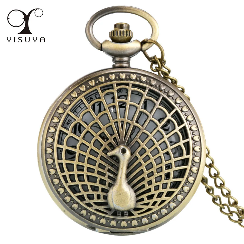 

Hollow Peacock Design Necklace Watch Quartz Retro Pocket Watch Arabic Numerals Display Antique Clock Gifts Men Women with Chain