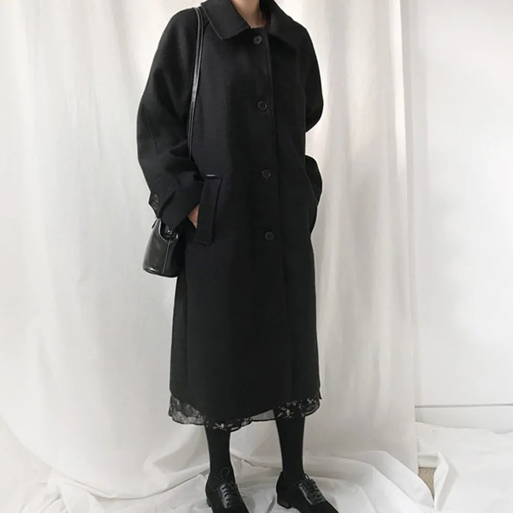 

Cashmere Black Hot Sale Long Single-breasted Fall Female Winter Warm Korean Coats Wool Blend Elegant Coat Simple Woman Overcoat