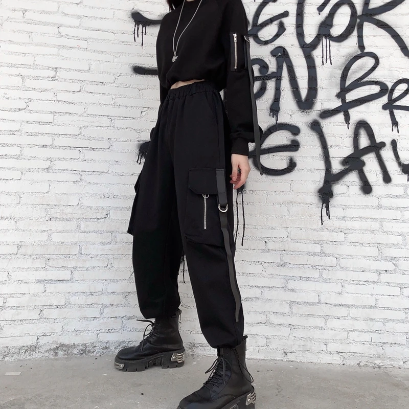 Женские шаровары с боковыми карманами YBYR повседневные Черные Эластичные