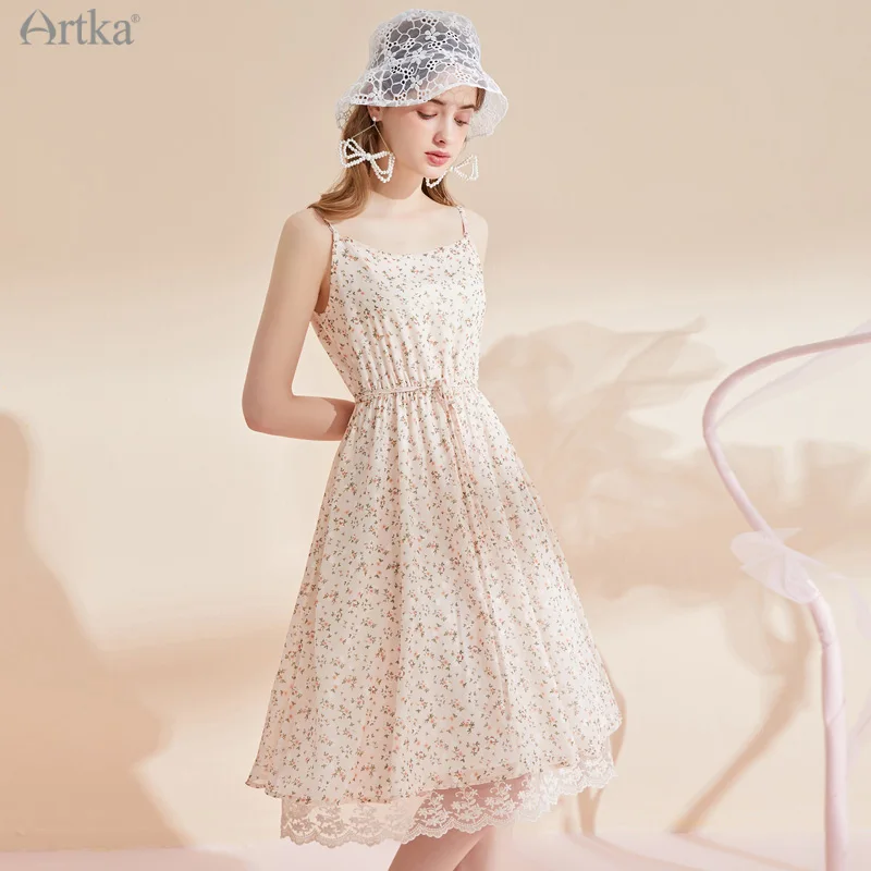 

ARTKA 2021 Summer New Women Dress Elegant Floral Sleeveless Chiffon Lace Dresses High Waist Spaghetti Strap Midi Dress LA25219X