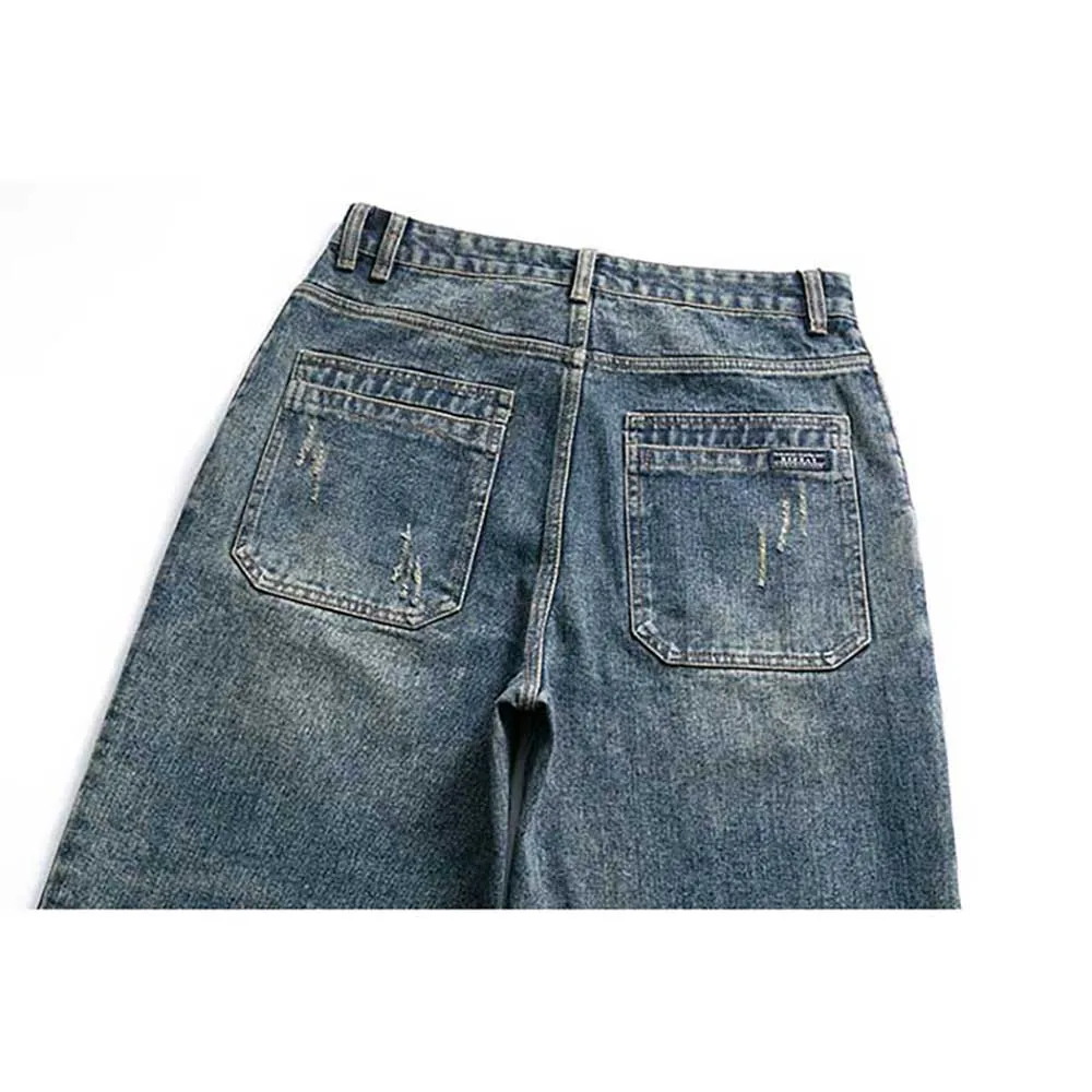 Japanese Style Retro Ripped Baggy Jeans Men Casual Denim Scratched Hip Hop Pants Streetwear Distressed Trousers