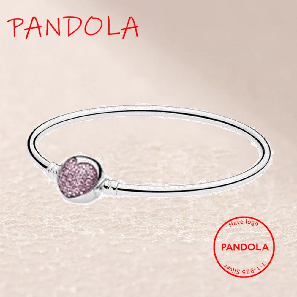 

590743PCZ MOMENTS SILVER Bangle WITH SPARKLING HEART CLASP Pink
