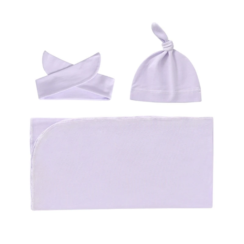 

3 Pcs Newborn Swaddling Wrap + Headband + Hat Set Baby Cotton Receiving Blanket Sleepsack Hair Band Cap Kit for Infants
