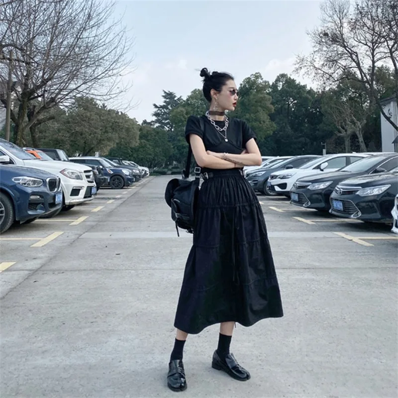 

GothGotik Gothic Cool Black High Waist Trumpet Harajuku Skirt Drawstring Medieval Retro Mid Calf Length Ruffle Skirts
