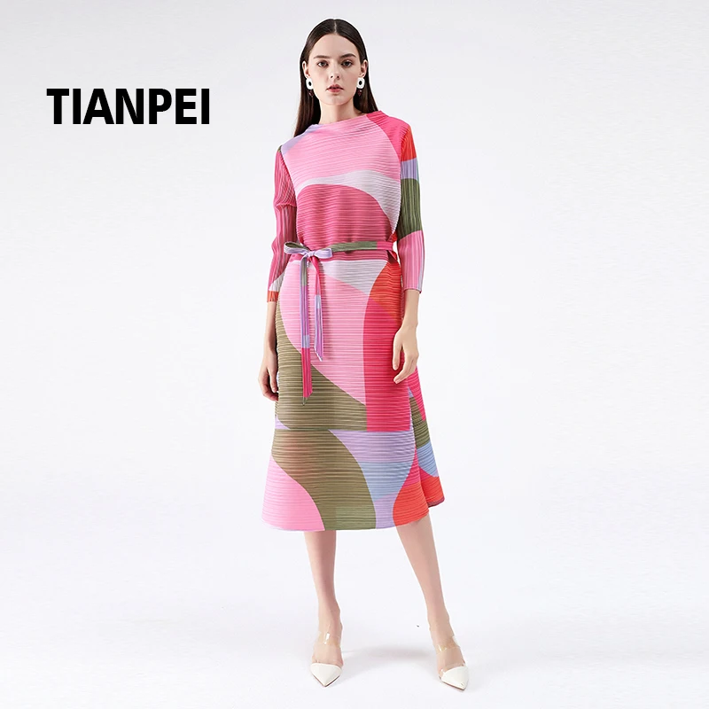 

Женское плиссированное платье миаке, летнее платье с геометрическим принтом, длинное Повседневное платье-трапеция с воротником-лодочкой и ...