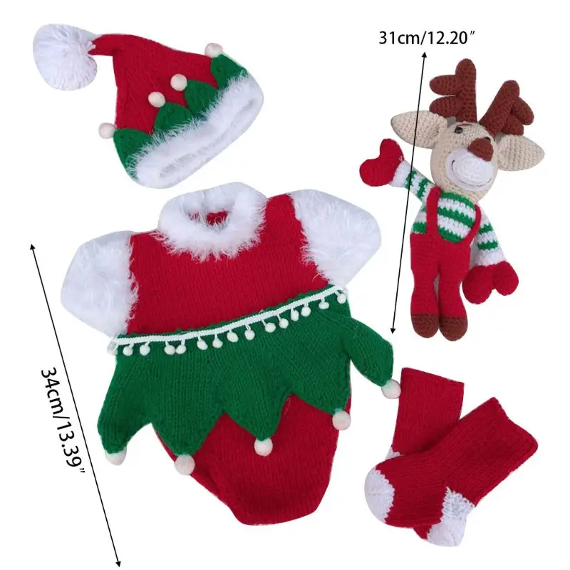 

4 Pcs/Set Newborn Knitted Crochet Outfits Christmas Costume Baby Hat+Socks+Elk Doll+Romper Jumpsuit Photography Props