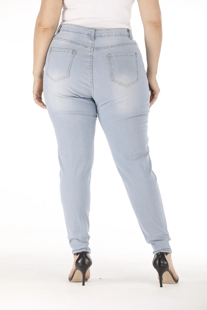 

2021 Summer Plus Size High Waist Light Blue Women's Jean Denim Slim Trousers WH86010