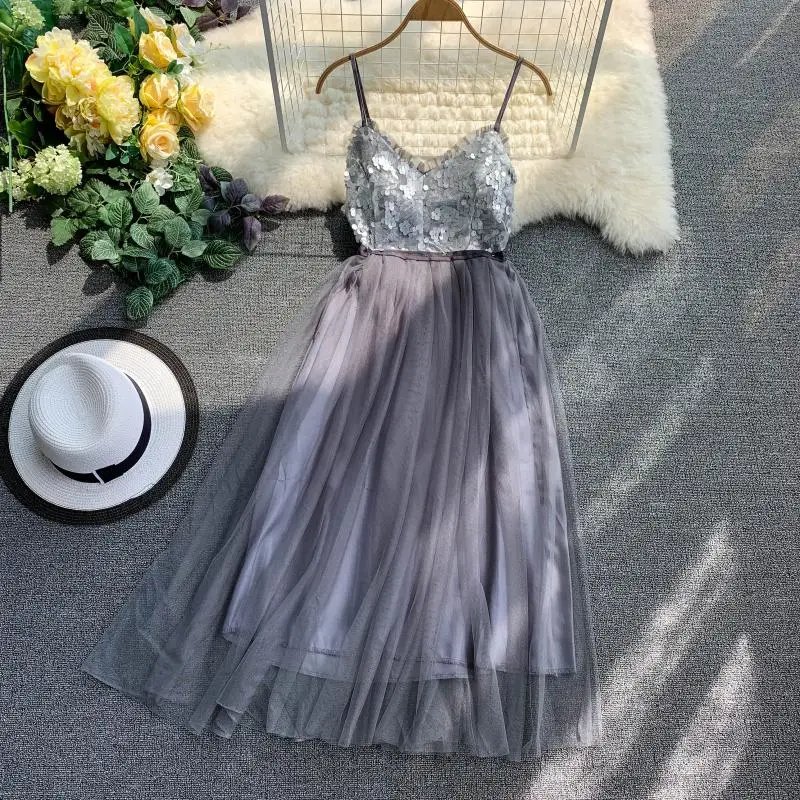 Летнее женское платье 2019 с v-образным вырезом и пайетками Сетчатое открытой