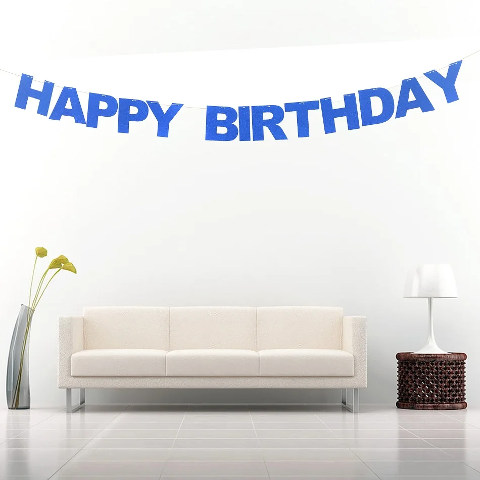 Happy Birthday Banner Blue Glitter Birthday Sign One Line Banner Flag Paper Capital Letter Garland Birth-Day Table Backdrop