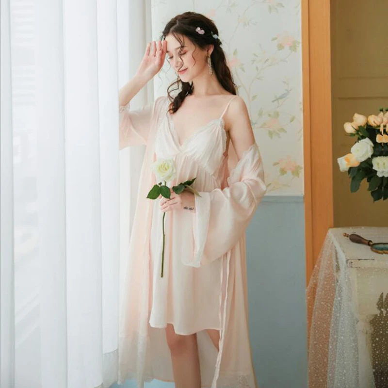 

Women Spring Summer Two-Pieces Night Robe Sexy Spaghetti Strap V-Neck Silk Night Dress Gauze Full Sleeves Gowns And Robes