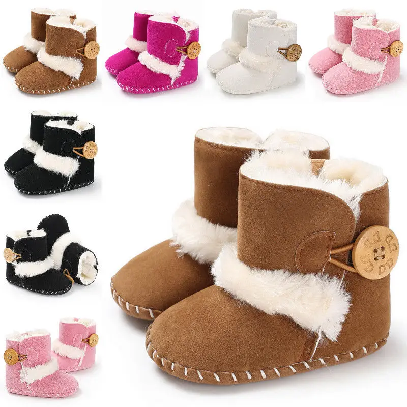 Fashion Casual Soft Rubber Bottom Baby Boot with Fur Keep Warm Shoes Solid with Fur Newborn Baby Shoes Non-slip for 0-18M